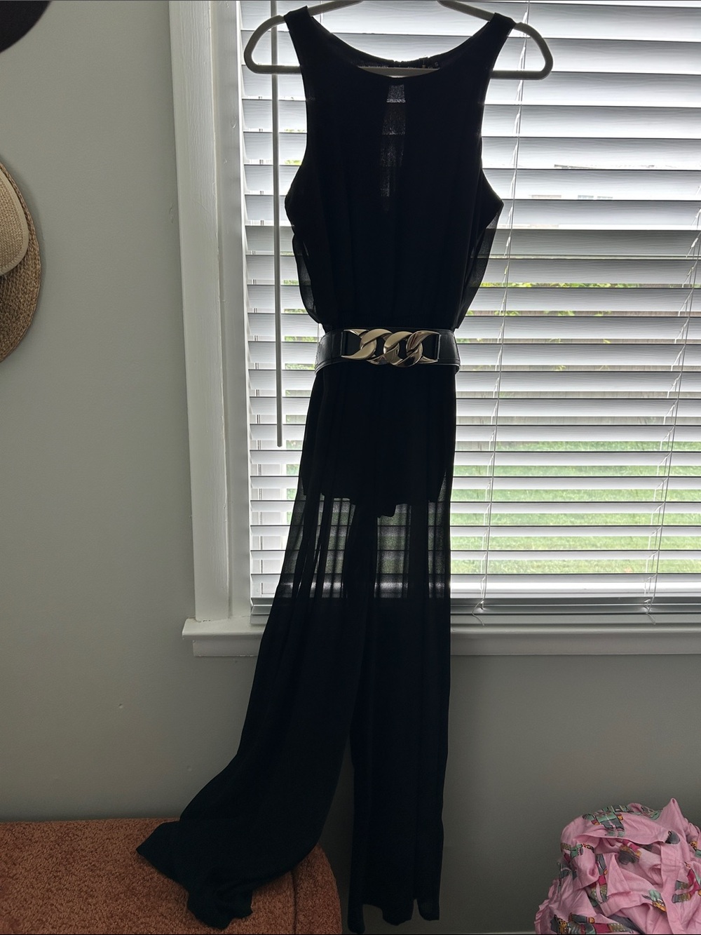 Black Sleeveless Sheer wide leg Jumpsuit with Statement Belt